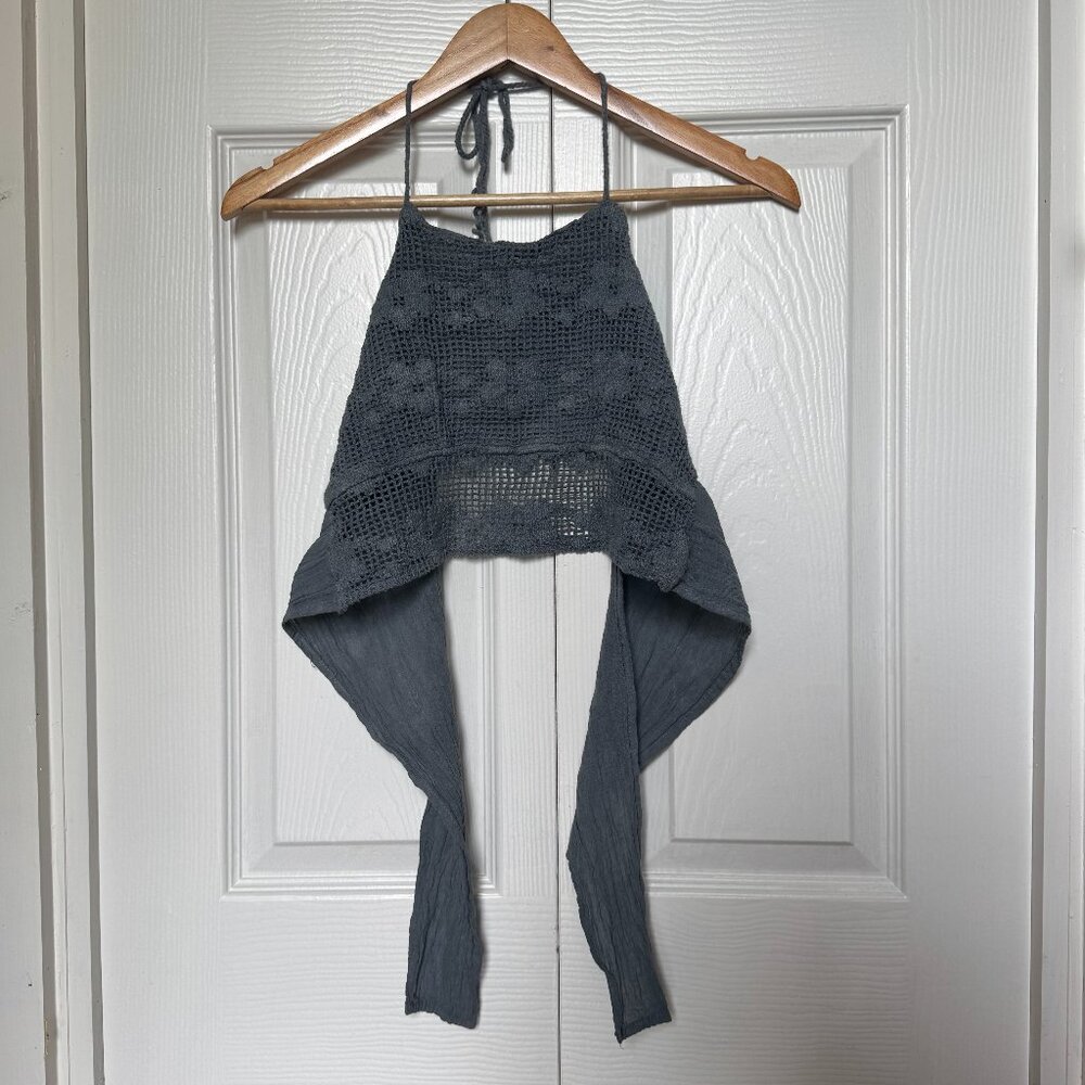 Grey Boho Linen Lace Strapless Wrap Crop Top Gray